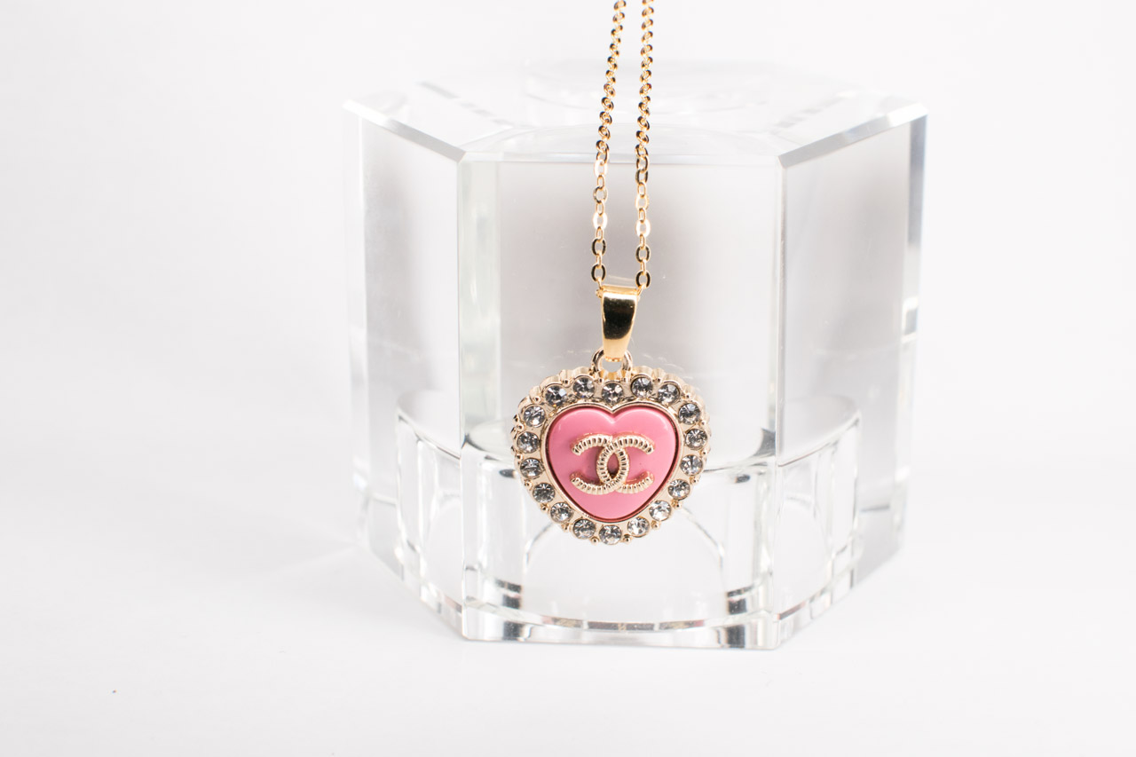 Silver & Pink Crystal 'CC' Necklace